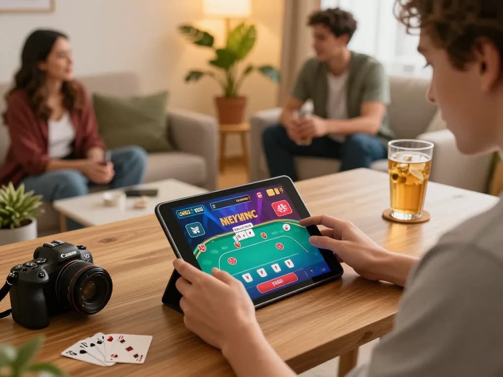 Strategically playing online casino games with okfun com on a tablet in a cozy home setup
