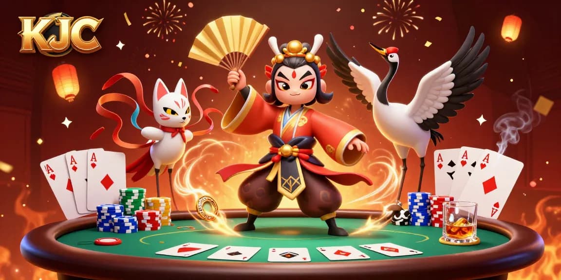 KJC casino scene with a kabuki warrior and kitsune mask amidst poker elements depicting the ultimate gaming experience.