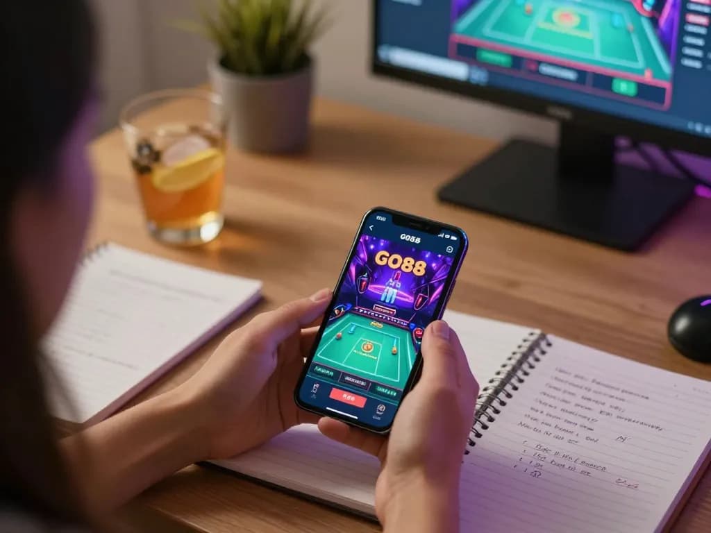 Engaging with the GO88 app for live dealer gaming on a sleek smartphone in a cozy home setting.