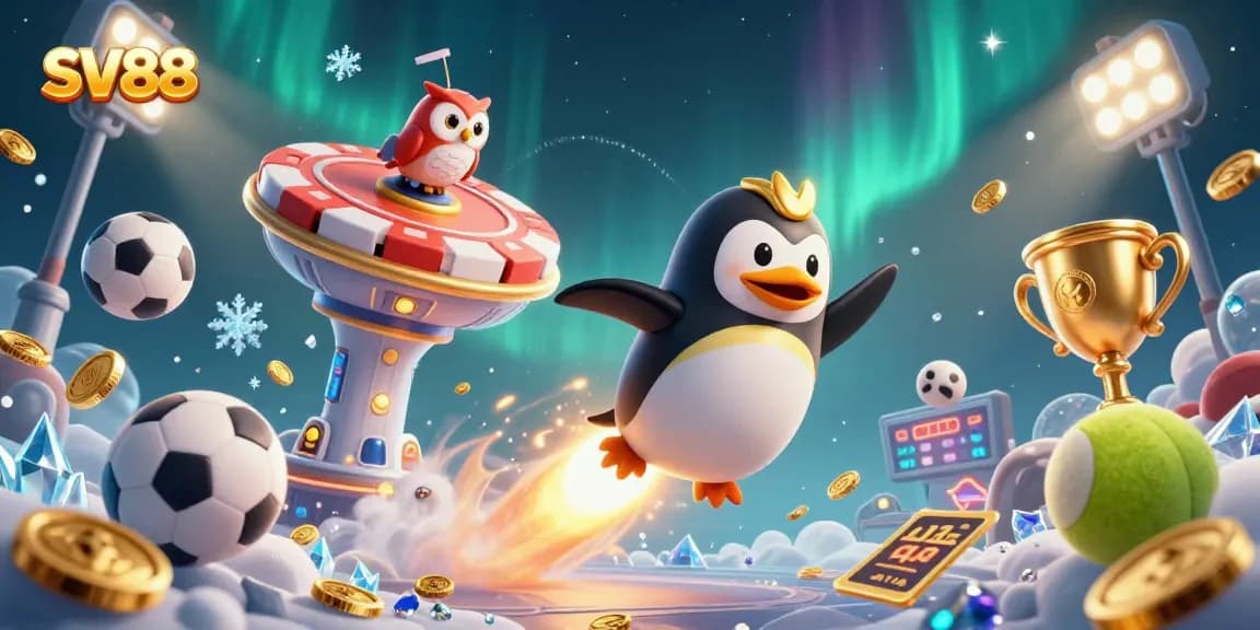 Bet on SV88 as a 3D cartoon penguin navigates through a dynamic casino-themed space scene.