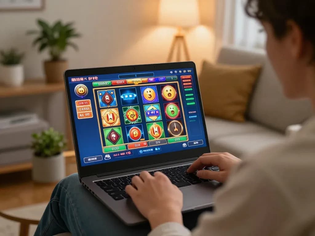 Player spinning the slot game at home, vibrant visuals create an engaging online gaming experience.