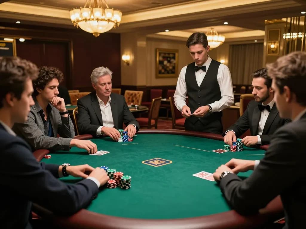 Engaged players strategizing in an upscale MMOO poker game, vibrant chips stacked high.