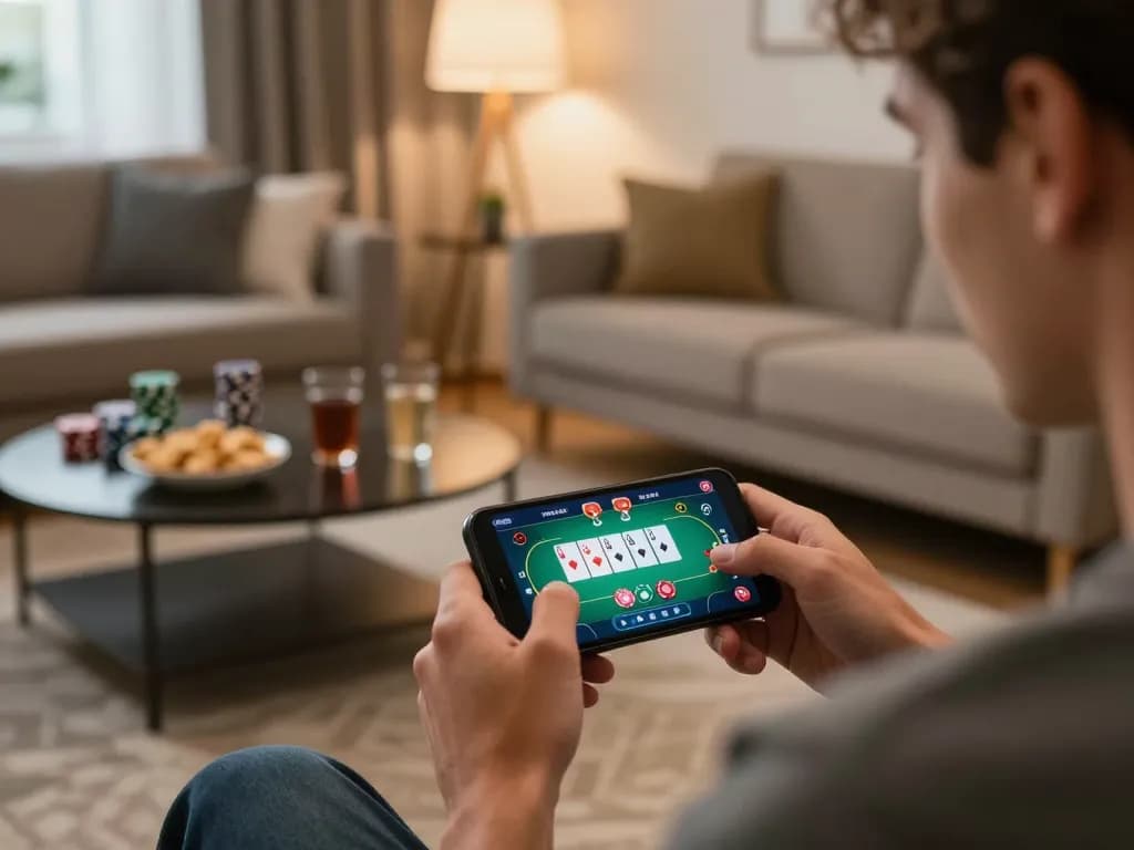 Player engaging with paris888 online slots on a smartphone in a cozy home setting.