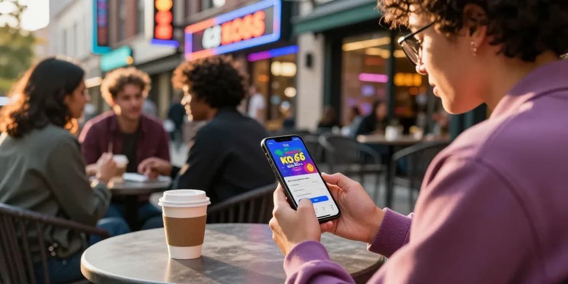 Person enjoying KO66 app at café, vibrant urban backdrop, lifestyle moment.