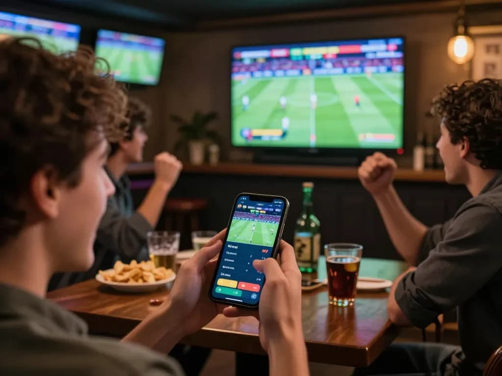 Kèo bóng đá action displayed on smartphone during live football match, showcasing dynamic sports betting environment with friends.