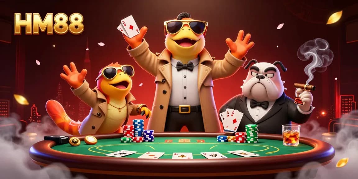Join HM88 at a vibrant poker table with exciting play, big wins, and cartoon raptors in a trench coat.