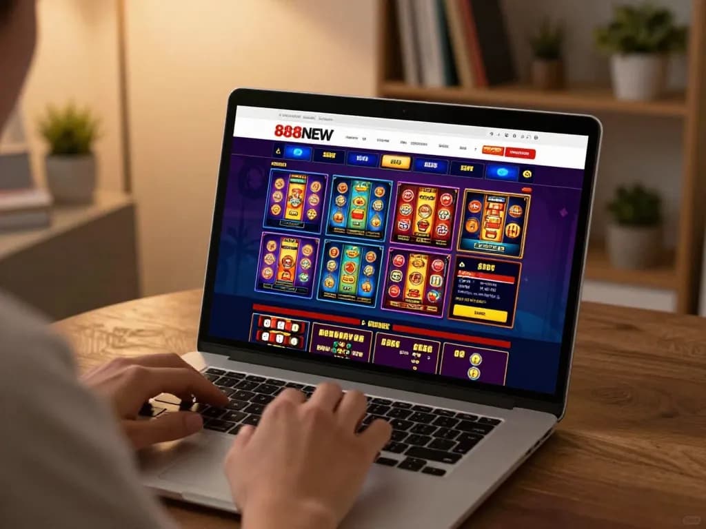 Player experiencing 888NEW's online casino games on laptop in a cozy home setting.