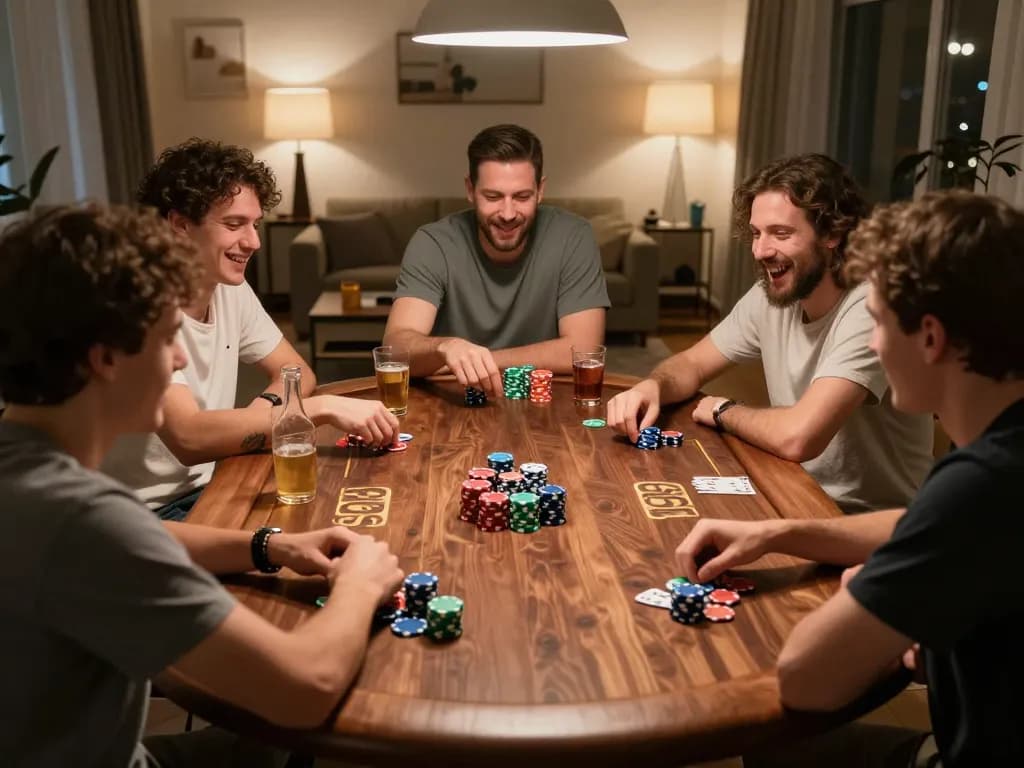 Friends enjoying a lively Go99 poker night, showcasing camaraderie and strategy
