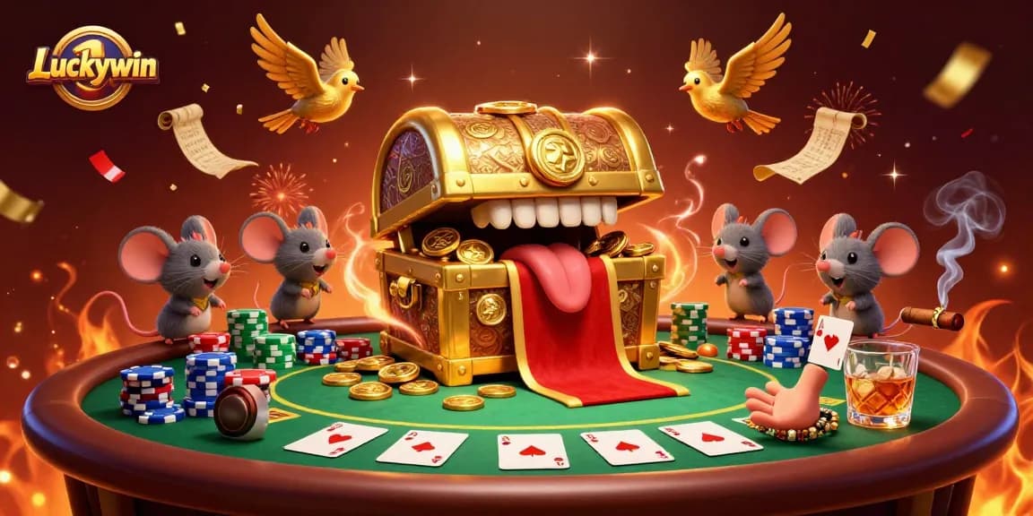Experience the thrill of winning with Luckywin's vibrant casino scene featuring treasure and poker elements.