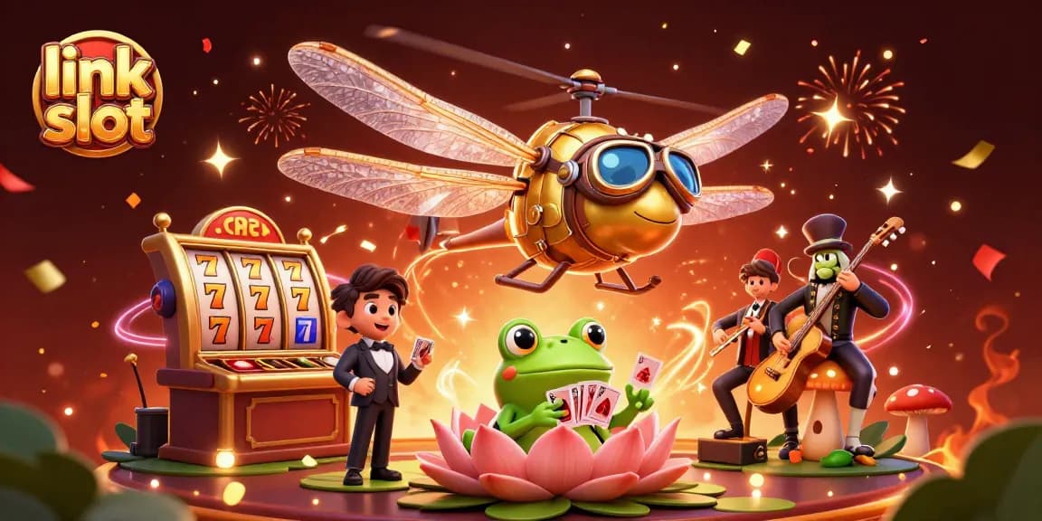 Mainkan link slot dengan pesawat helikopter 3D dan dealer katak di kasino yang meriah.