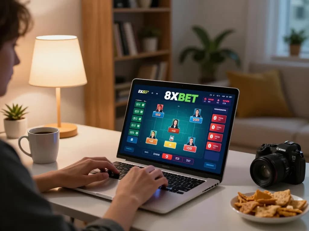 Engaged player enjoying 8xbet online poker at home, showing laptop and cozy atmosphere
