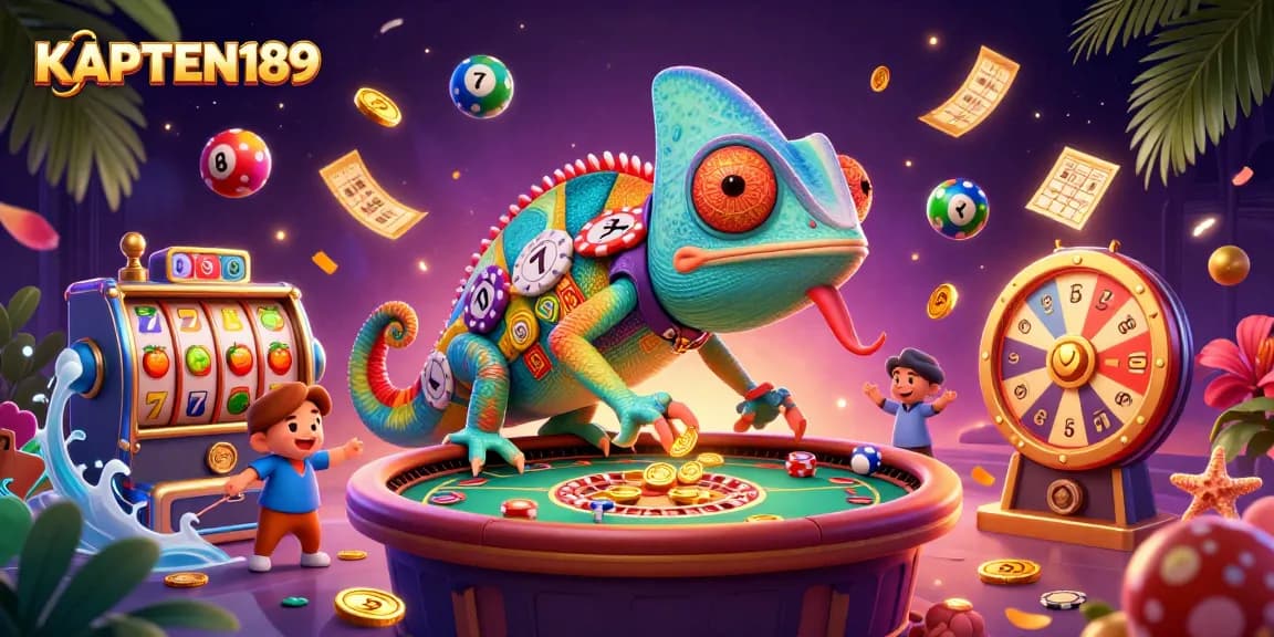 KAPTEN189 menampilkan ilustrasi kasino penuh warna dengan chameleon dan simbol slot yang bersemangat.