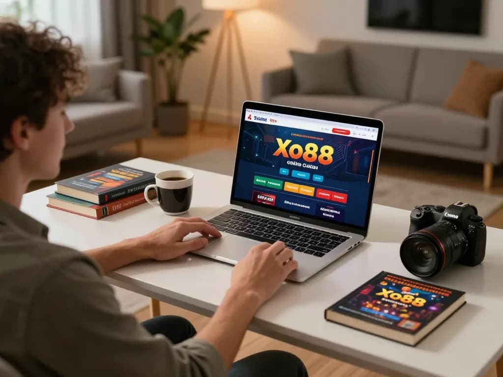 Xo88 player engaging in online casino games with strategic notes at a cozy home desk