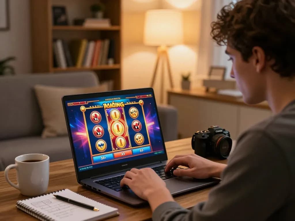 Engaged player enjoying a slot bonus on laptop in cozy living room, showcasing responsible gaming.