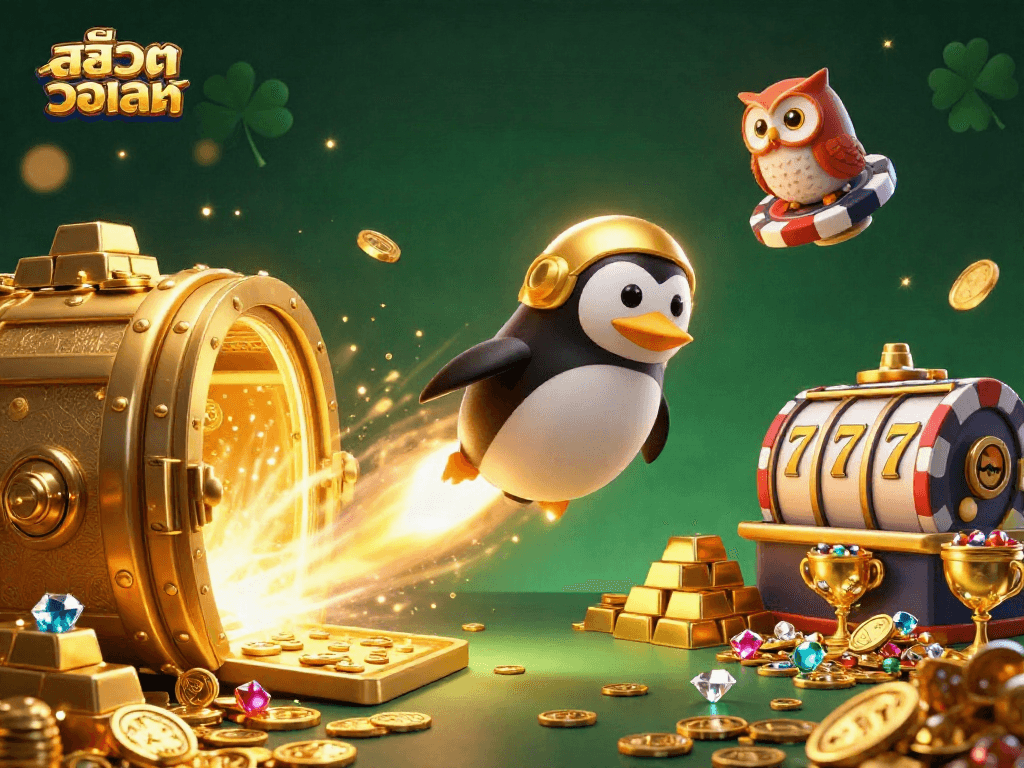 Engage with สล็อตวอเลท in this vibrant 3D illustration of a golden penguin launching towards casino treasures.