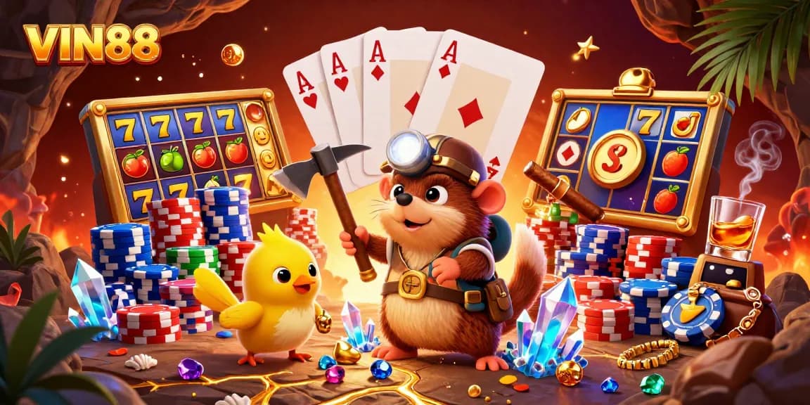 Experience thrilling wins with VIN88 in this vibrant 3D illustration of a treasure-filled gaming adventure.
