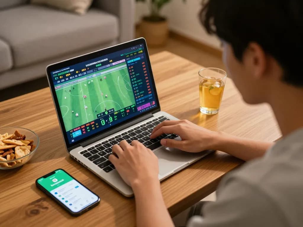 Bongdalu user analyzing live sports odds on laptop while enjoying a home betting session.