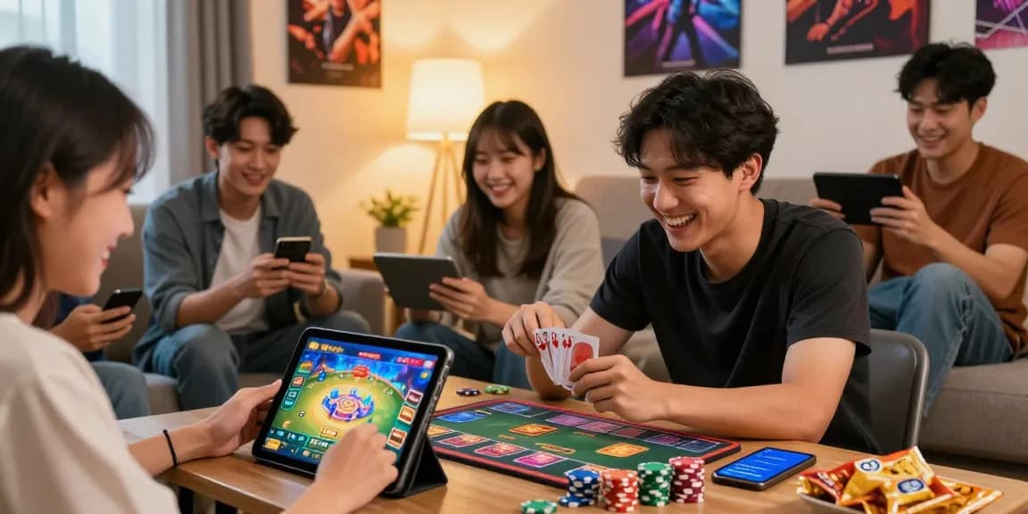 Exciting game bài đổi thưởng online scene with players enjoying card games on their devices.