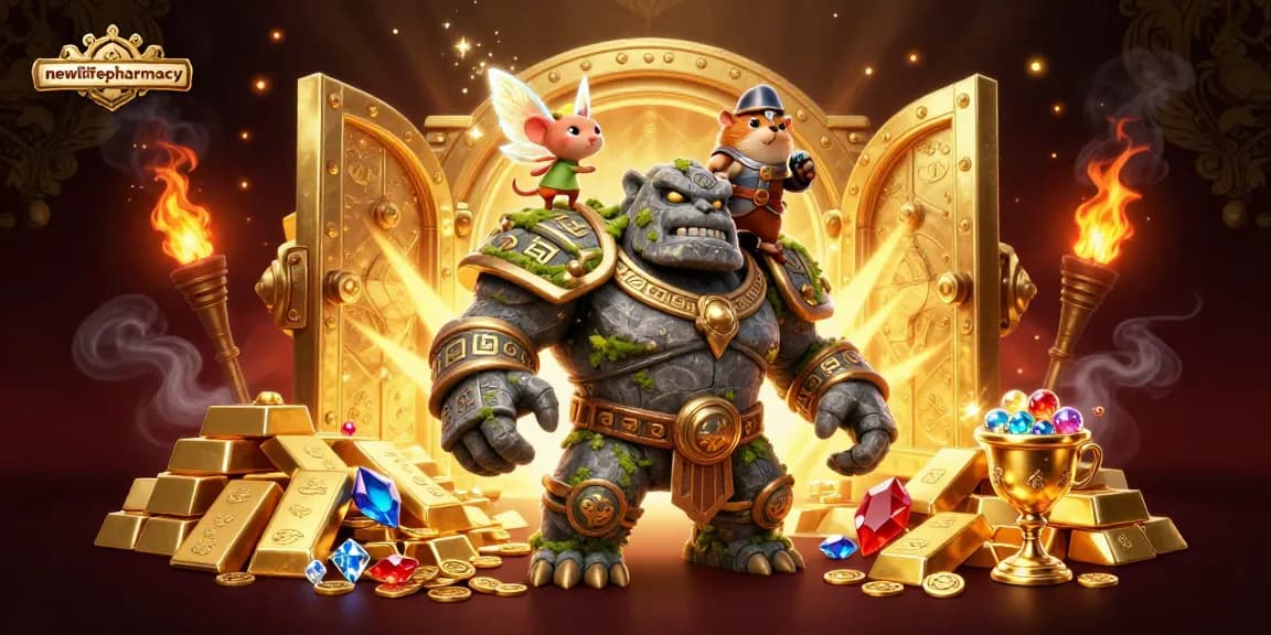 Engage with newlifepharmacy in an ultra-detailed 3D casino scene featuring vibrant characters amidst treasure and gaming elements.