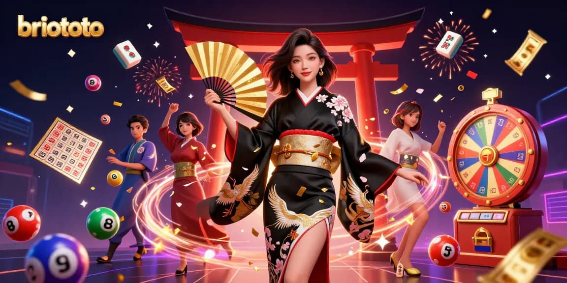 Briototo displays an elegant Asian woman with a golden fan amid colorful gambling elements