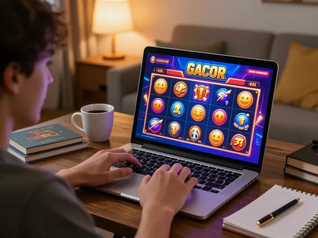 Engaging player experiencing slot gacor gampang menang on a laptop in a cozy home setting