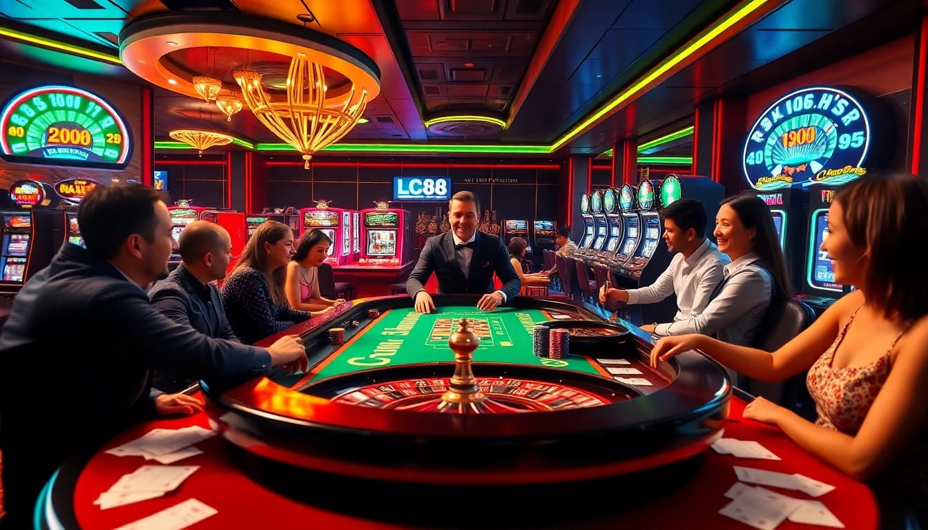 LC88 players enjoying a thrilling game of poker and roulette at a luxurious casino table.