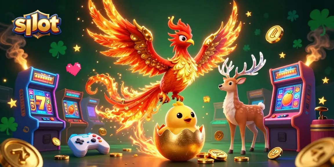 Menggandakan slot dengan elemen flamboyan phoenix terbang, simbol keberuntungan, dan mesin arcade yang cemerlang