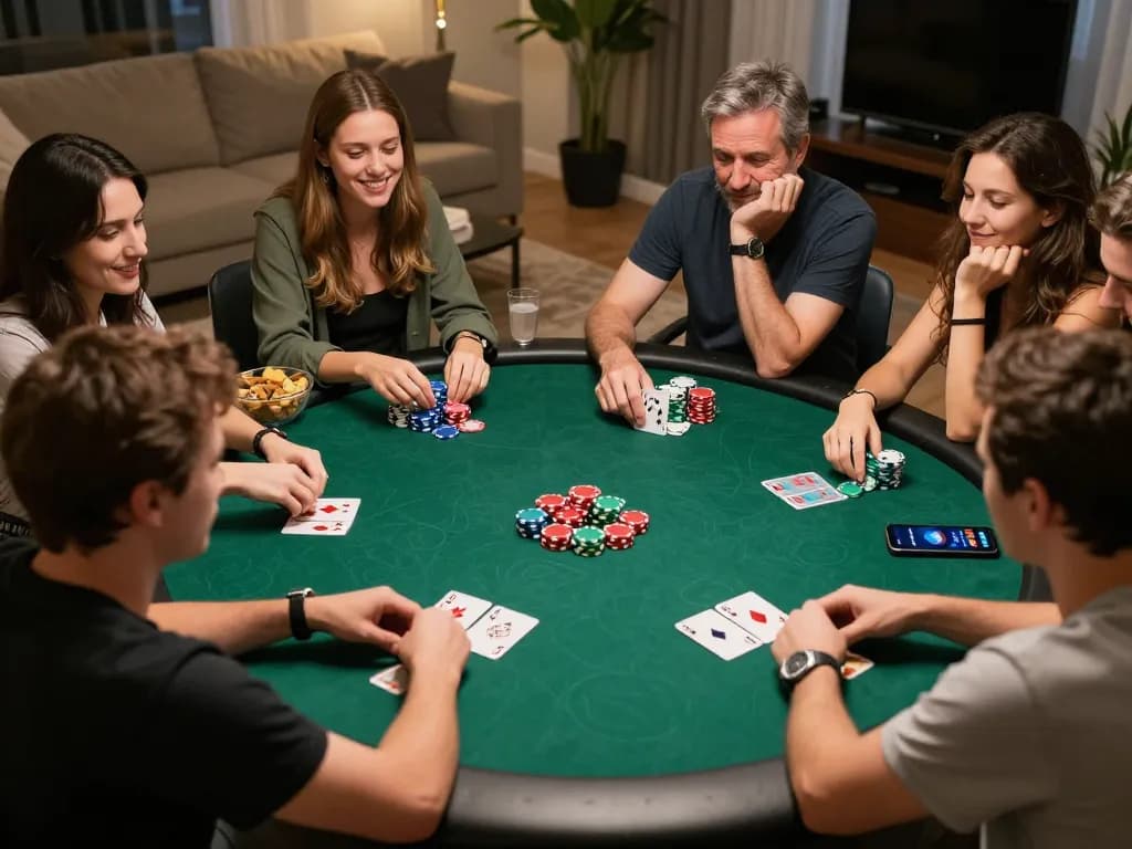 Kuwin players strategizing bets during a friendly home poker night with drinks and snacks.