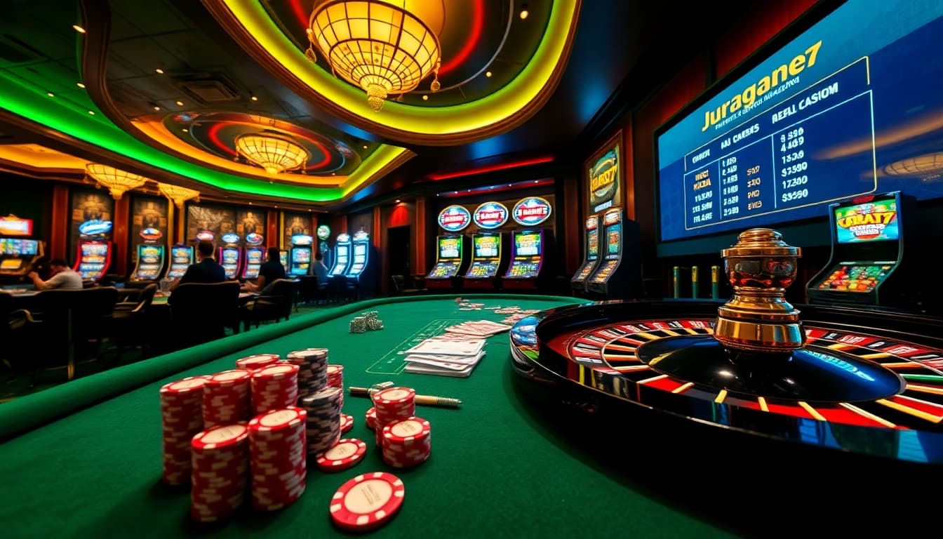 Experience the thrill of juragan77 at a vibrant casino table filled with poker action and excitement.