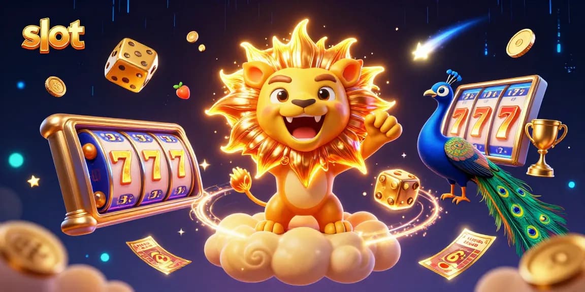 Slot gacor dengan karakter singa bercahaya, dadu emas, dan elemen kasino dalam latar yang dinamis.