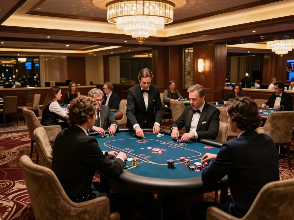 Players engage in high-stakes poker game at LV88's luxurious VIP table in an upscale casino