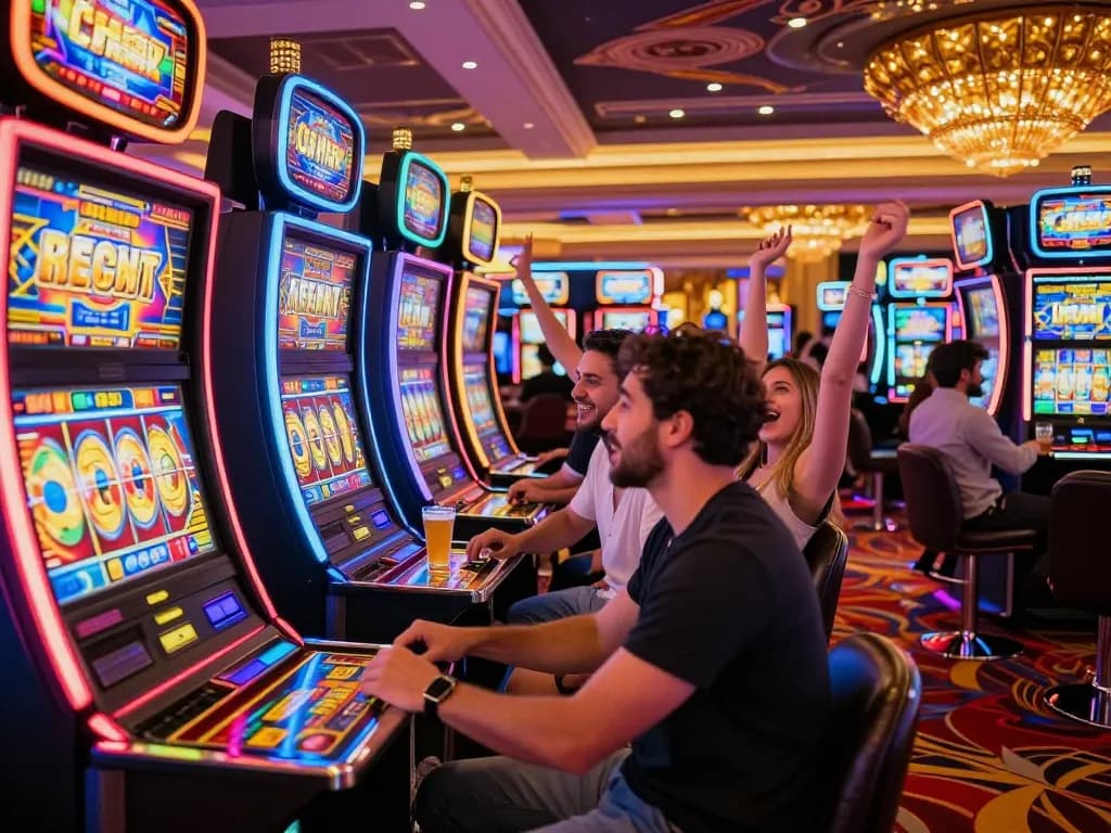 Players enjoying dynamic link slot action at vibrant casino, celebrating wins and engaging gameplay.