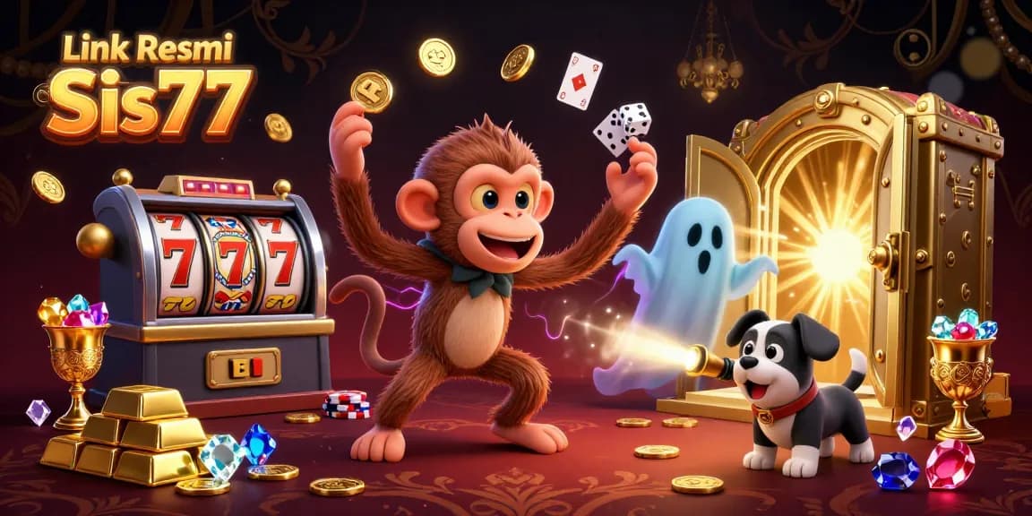 Gali kemenangan di Link Resmi Sis77 dengan gambar 3D kasino menampilkan hantu dan slot yang penuh harta.