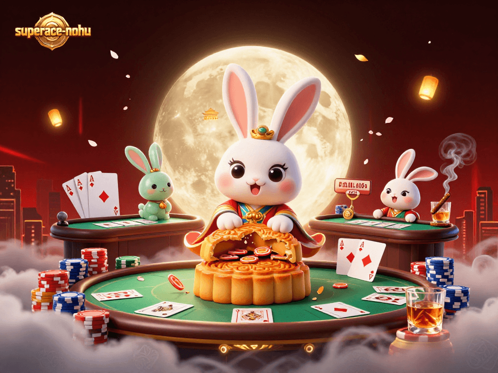 Experience superace-nohu action with a moon rabbit and a jade rabbit amid poker chips and casino elements.