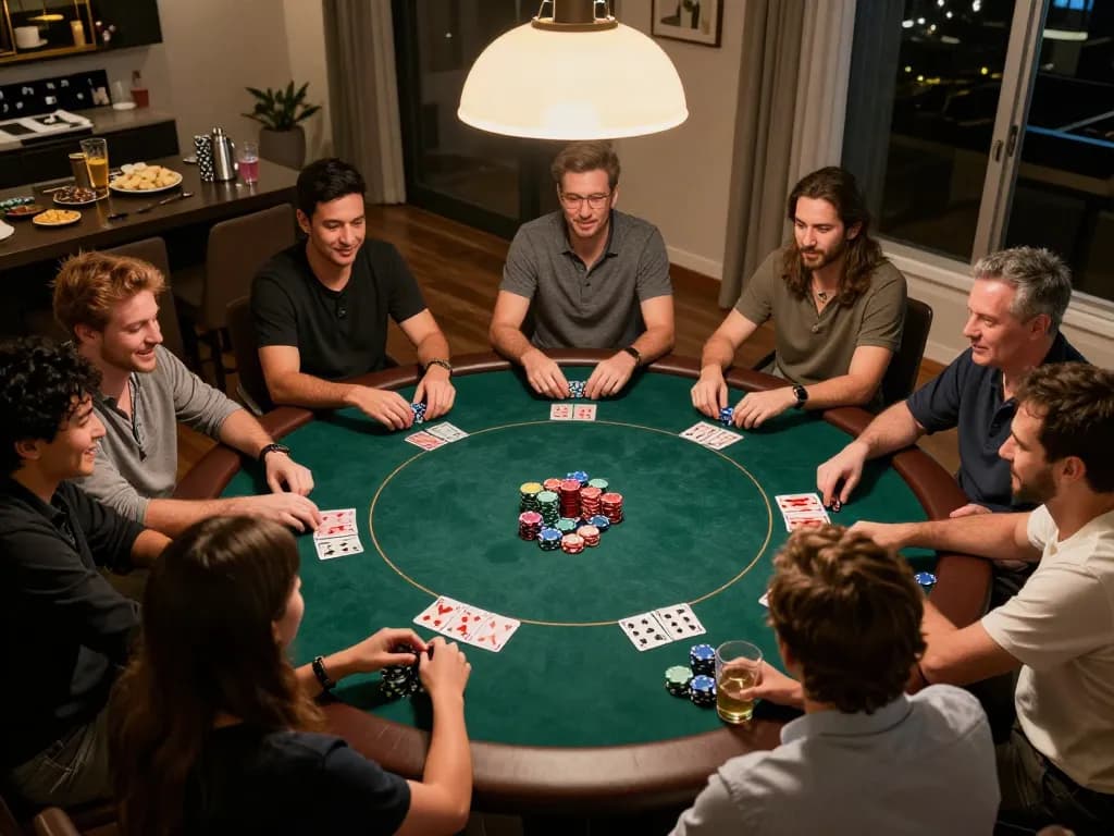 Engaged friends enjoying a poker night at home with Bid88 chips and cards visible in the scene.