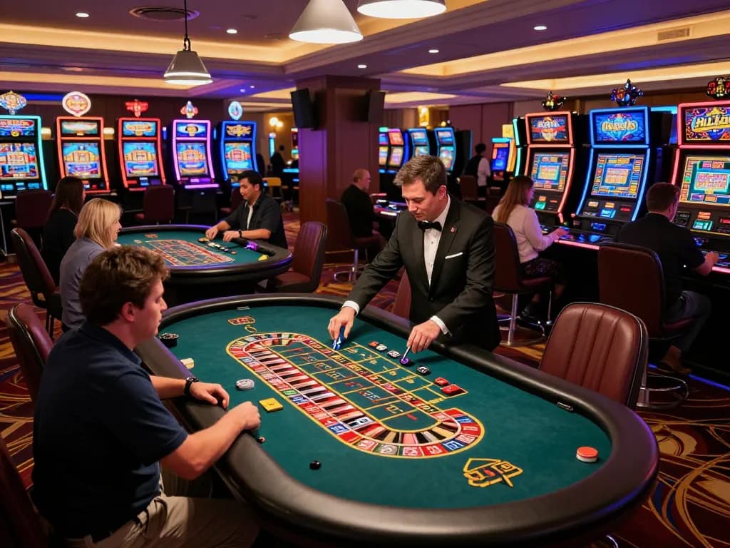 hello88 players betting at a vibrant roulette table in an upscale casino.