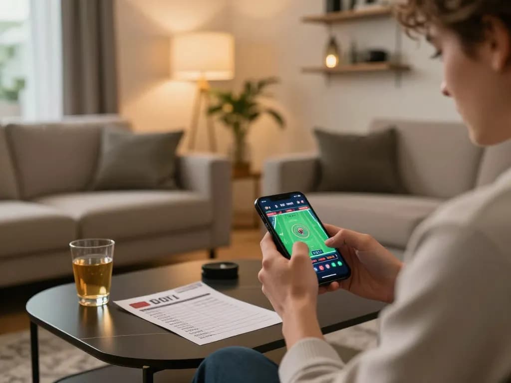 Engage in exciting mobile sports betting with ทางเข้า m120 in a cozy home setting.