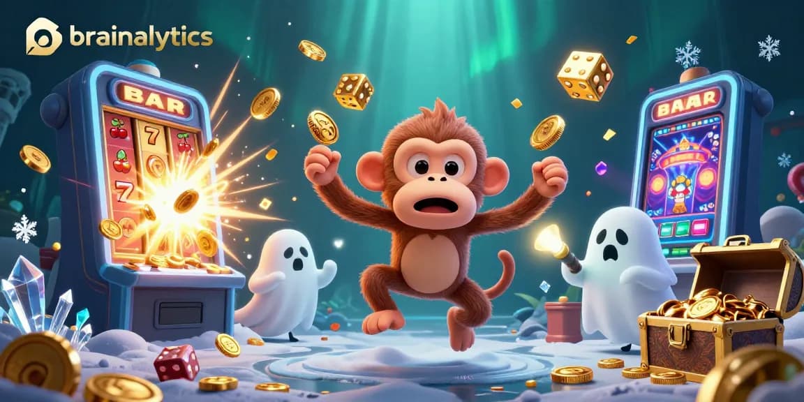 Engage with brainalytics in a lively casino scene featuring a playful ghostly monkey and curious puppy amid rich gaming elements.