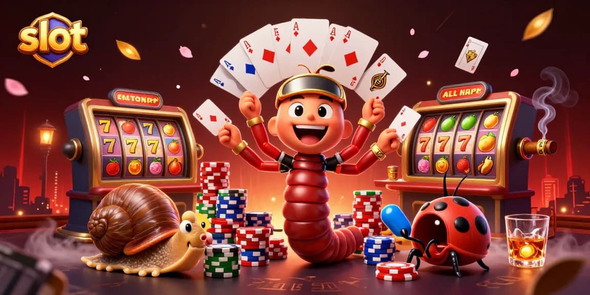 Slot menampilkan dealer unik dengan kartu dan chip poker, menciptakan suasana kasino yang menarik.