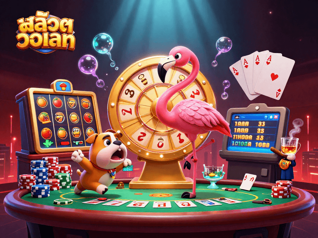 Engage with exciting สล็อตวอเลท scenes featuring dynamic slot reels and character interactions in a vivid casino atmosphere.