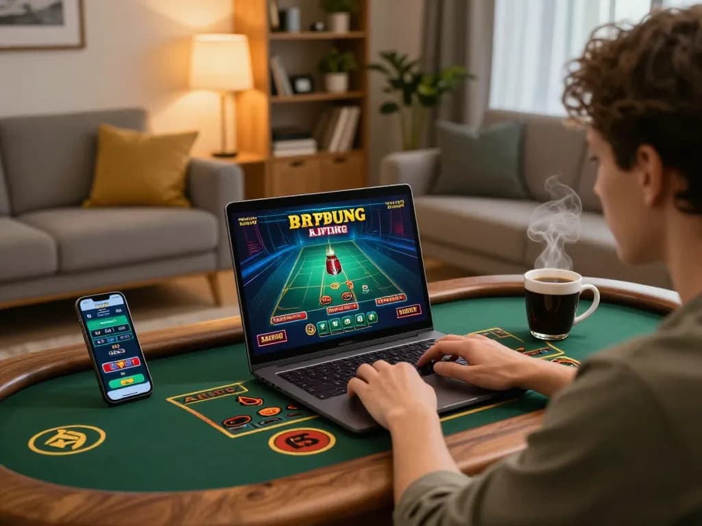 Player engages with BL555 online live casino game from a cozy home setting, highlighting responsible gambling.