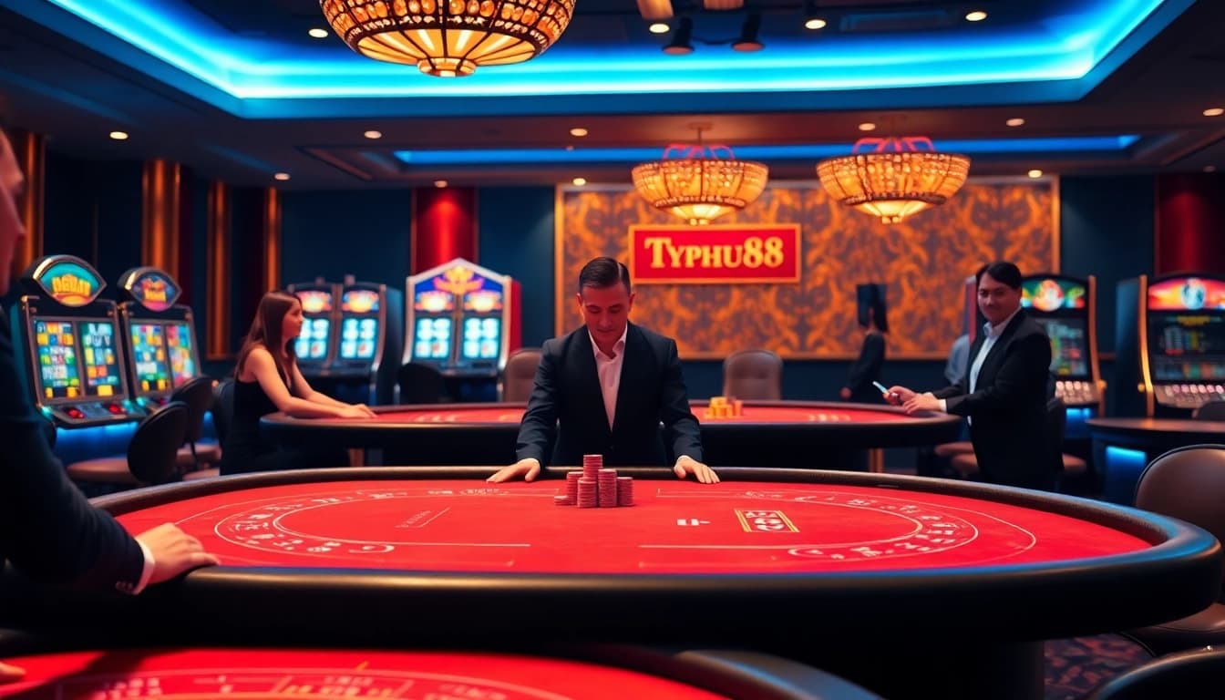 Experience thrilling gameplay at Typhu88 with vibrant casino tables and high-tech interfaces.