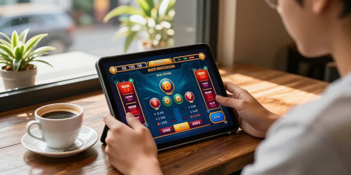 Engaging gaming experience with fun88thaimeth on a tablet in a café setting.