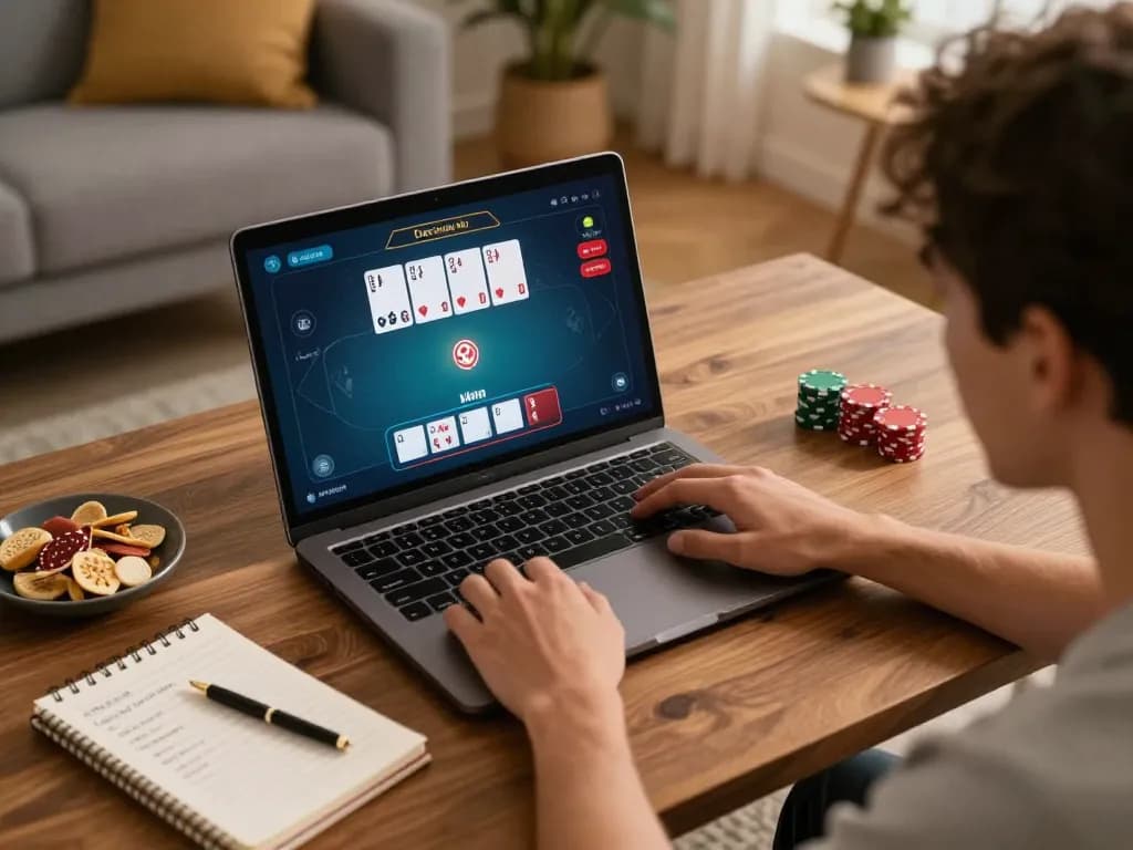 Pemain judi menggunakan DEWI999 untuk poker online, menganalisis kartu dan strategi dalam suasana rumah yang nyaman.
