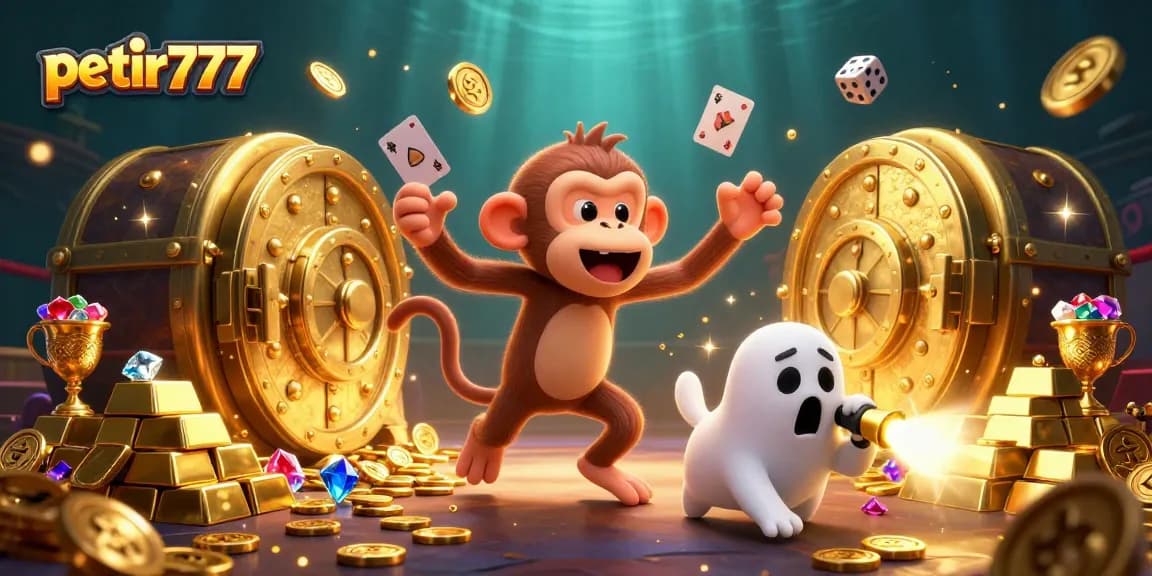 Track petir777's playful poltergeist monkey juggling golden treasures in a haunted casino.