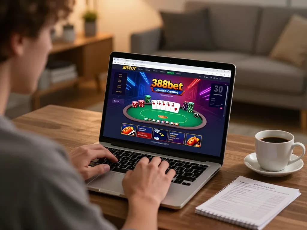 Engaging user playing poker on 388bet online casino laptop, showcasing strategic gameplay atmosphere.