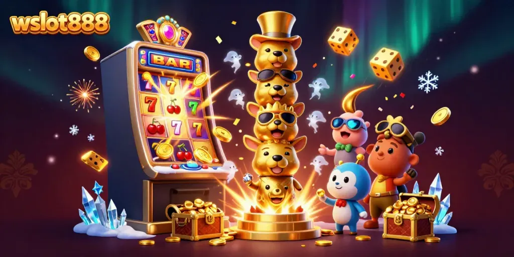 Menyaksikan keseruan bermain slot wslot888 dengan simbol jackpot dan totem keberuntungan yang penuh warna.