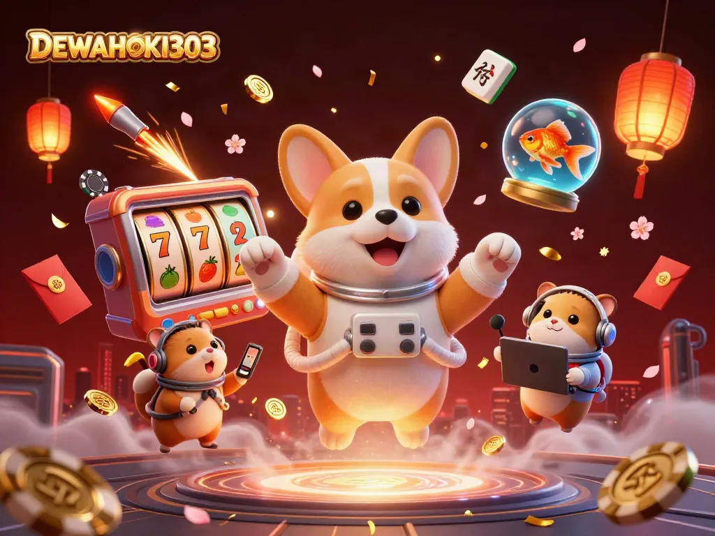 DEWAHOKI303 menampilkan corgi astronot di kasino luar angkasa dengan elemen permainan slot yang berlimpah.