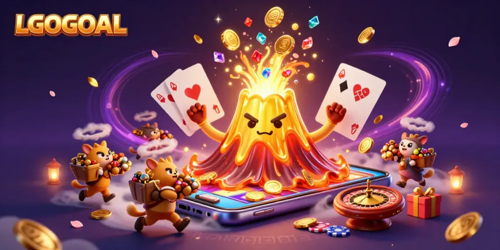 LGOGOAL erupts with excitement as golden coins and treasures flow from a volcano in a colorful casino scene.