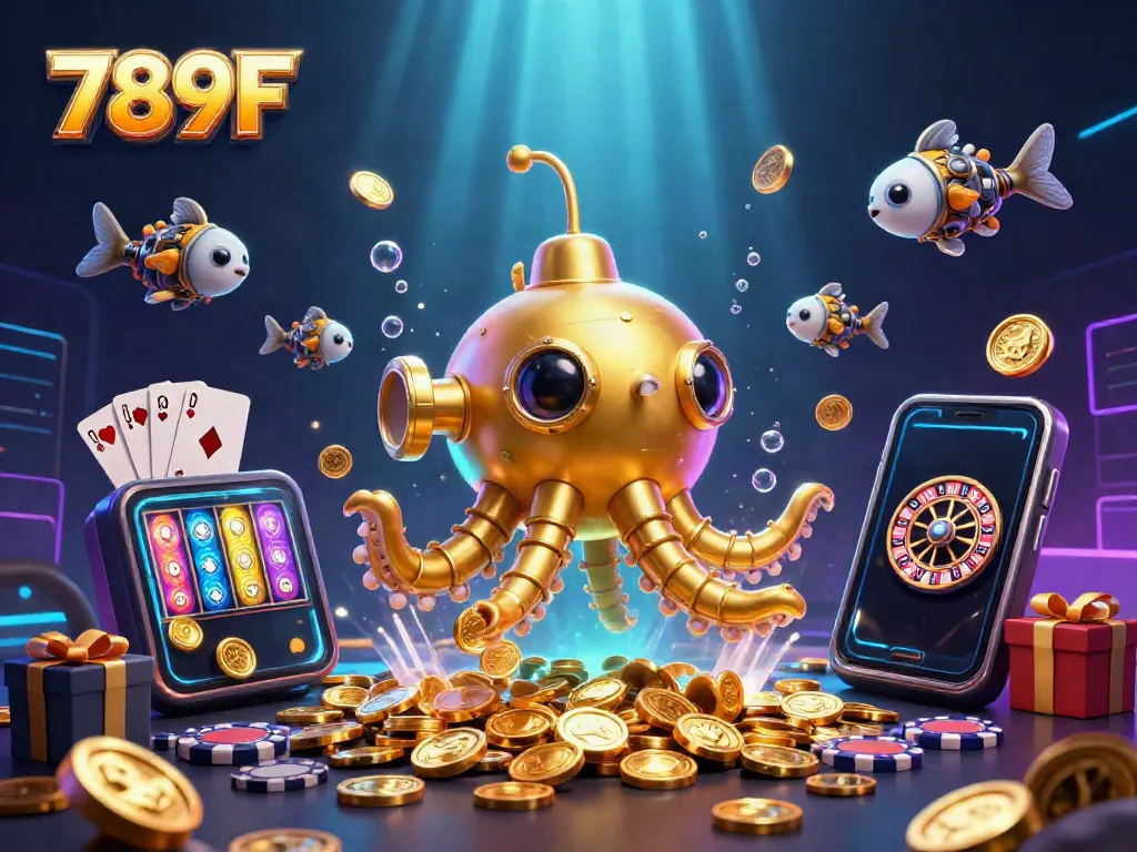 Experience the thrill of winning at 789F with animated characters enjoying casino games amidst golden coins.